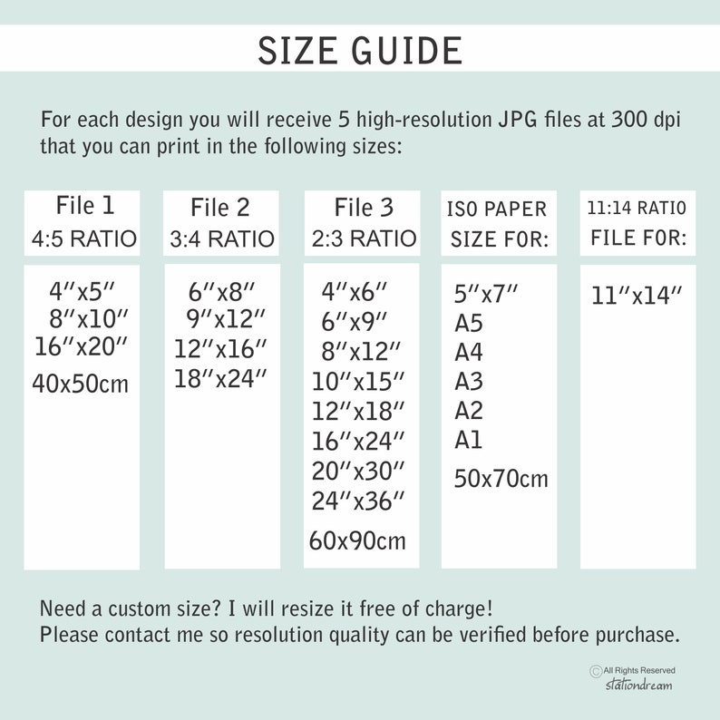 May include: A size guide for printable digital designs. The guide shows five different sizes for each design, with corresponding ISO paper sizes and 11:14 ratio file sizes. The sizes are listed in inches and centimeters.