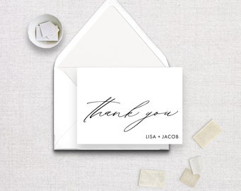 Printed Thank You Card - Personalized Folded Thank You Card with Envelopes - Simple - Black and White - Elegant