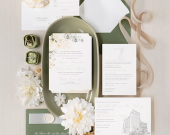 Pittsburgh Hotel Themed Wedding Invitation Set | Eucalyptus and Cream Set
