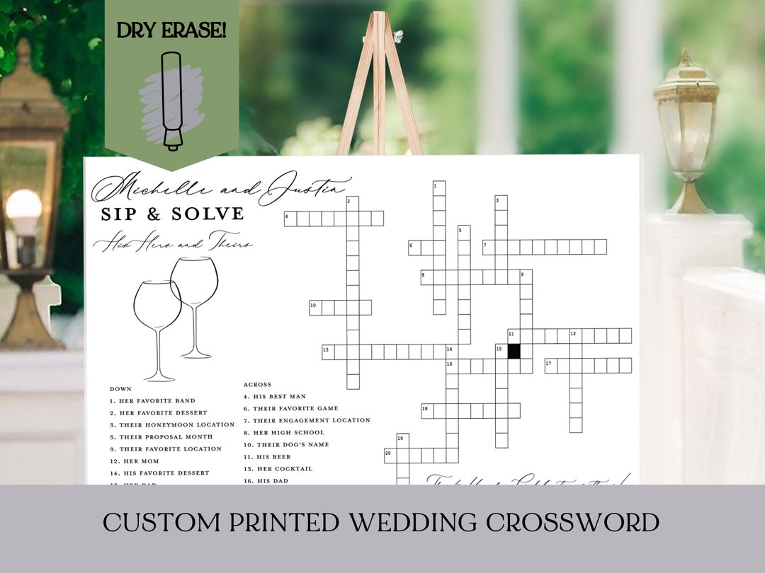 Custom Wedding Crossword on Dry Erase Sip and Solve Wedding Crossword