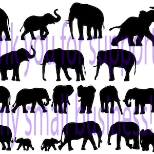 Może przedstawiać: Kolekcja czarnych sylwetek słoni w różnych pozach na białym tle. Obraz zawiera fioletowy tekst "Thank you for supporting my small business!!".