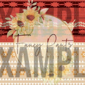 Könnte beinhalten: Ein dekorativer Hintergrund mit floralem und geometrischem Muster. Das Design zeigt Sonnenblumen, ein rotes und cremefarbenes geometrisches Muster und den Text "Fancy Pants EXAMPLE". Das Gesamtfarbschema umfasst Rot, Creme und Gelb.
