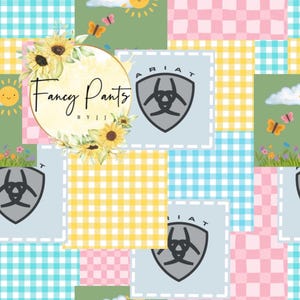 May include: A colorful patchwork design featuring squares of gingham in pink, yellow, and blue, interspersed with floral and logo elements. The text "Fancy Pants" is displayed in a circular design with sunflowers. Butterflies and suns add to the cheerful aesthetic.