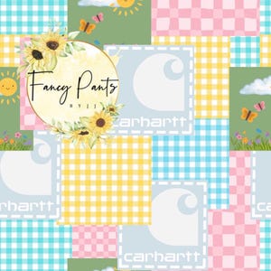 Puede incluir: Un diseño de patchwork colorido con cuadros de cuadros vichy en rosa, amarillo y azul, intercalados con bloques verdes y celeste. El diseño incluye girasoles, mariposas, el texto "Fancy Pants BY JJ" y el logotipo de Carhartt.