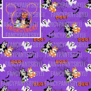 Può includere: Uno sfondo viola con un motivo ripetuto di cani dei cartoni animati vestiti con costumi di Halloween, fantasmi, pipistrelli e ragnatele. Il testo "boo!" e "trick or treat" è incluso anche nel motivo.