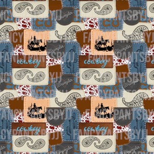 May include: A seamless pattern featuring a patchwork design with various textures and colors. The pattern includes denim, paisley, cactus, cowboy, and Wrangler branding. The colors are brown, blue, white, red, and beige.