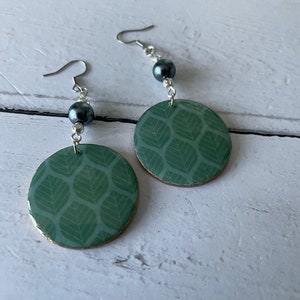 Green Leaf Print Green Beaded Wooden Earrings with Stainless Steel Hooks