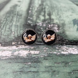 Black and Gold Cherub Glass Cabochon 14mm Stud Stainless Steel Stud Earrings