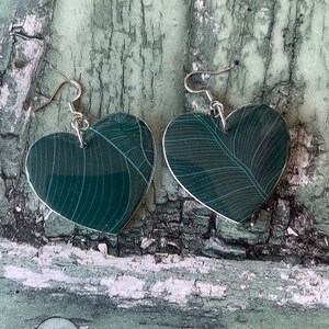 Teal Green Leaf Veins Print Heart Wooden Earrings with Stainless Steel Hooks