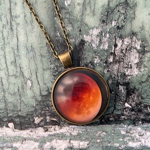 Red Blood Moon Print Glass Cabochon Pendant Necklace