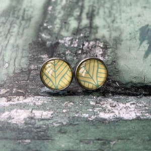 Yellow and Green Leaf Print Glass Cabochon 14mm Stud Stainless Steel Stud Earrings