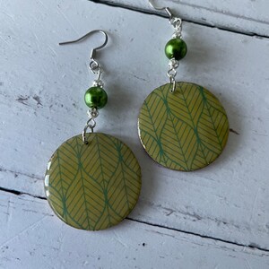 Yellow and Green Leaf Print Green Beaded Wooden Earrings with Stainless Steel Hooks