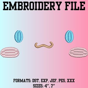 May include: An embroidery file design with a cartoon face. The design includes two blue oval eyes, a tan mustache, and two pink oval cheeks. The text "EMBROIDERY FILE" is at the top. The image also lists the file formats and sizes.