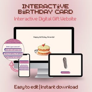 Könnte beinhalten: Eine interaktive digitale Geburtstagskarte, die auf einem Computermonitor, Tablet und Smartphone angezeigt wird. Die Karte zeigt eine Kuchendarstellung und den Text "Happy birthday, Amanda!" mit Optionen.