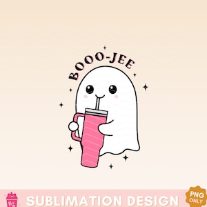 May include: A cute cartoon ghost wearing a pink and white cup with a straw. The ghost is holding the cup with both hands. The text "BOO-JEE" is above the ghost.