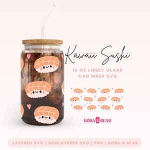 Sushi 16 Unzen Glasdosenverpackung, trendige Glasdosen Svg, Libbey Glas Svg, Libbey Glas 16 Unzen Schnittdatei, Bierdosenglas Svg, Kawaii Sushie Svg