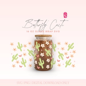 Archivos Svg de impresión de cactus de 16 oz de Libbey Glass para Cricut y Silhouette Cameo, Clipart botánico Svg, Mariposa, Cristalería Svg, Planta de interior Svg
