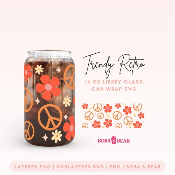 Retro Glass Can Cutfile, Libbey Svg Designs, Ice Coffee Glass Svg, Libbey Glass Designs, Groovy Can glass, Retro Daisy Svg