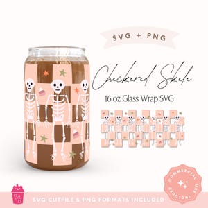 May include: A glass wrap design featuring a checkered pattern with skeleton illustrations, stars, and candy corn. The design is in shades of brown and peach. Text on the image reads "Checkered Skele" and "16 oz Glass Wrap SVG".