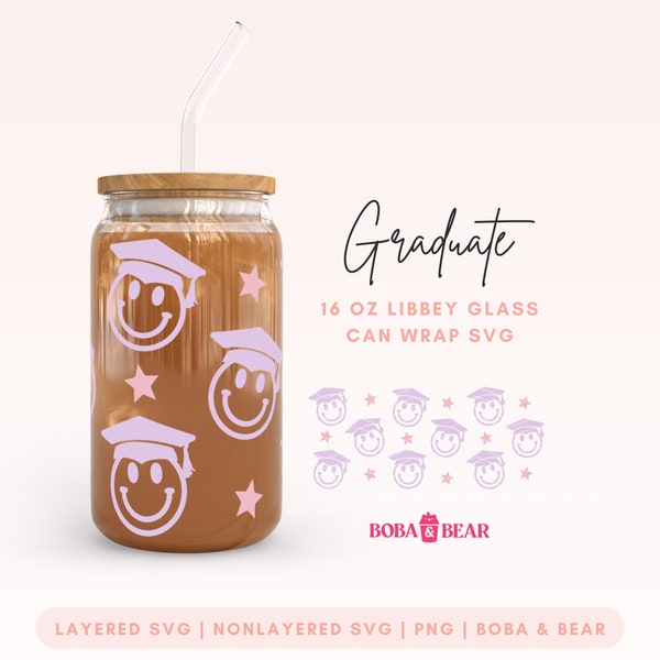 Graduate Smiley Face Libbey Glass Svg, 2024 Grad Svg, Smiley Face Wrap, Trendy Glass Cup Svg, Libbey Glass 16oz Cut File, Beer Can Glass Svg