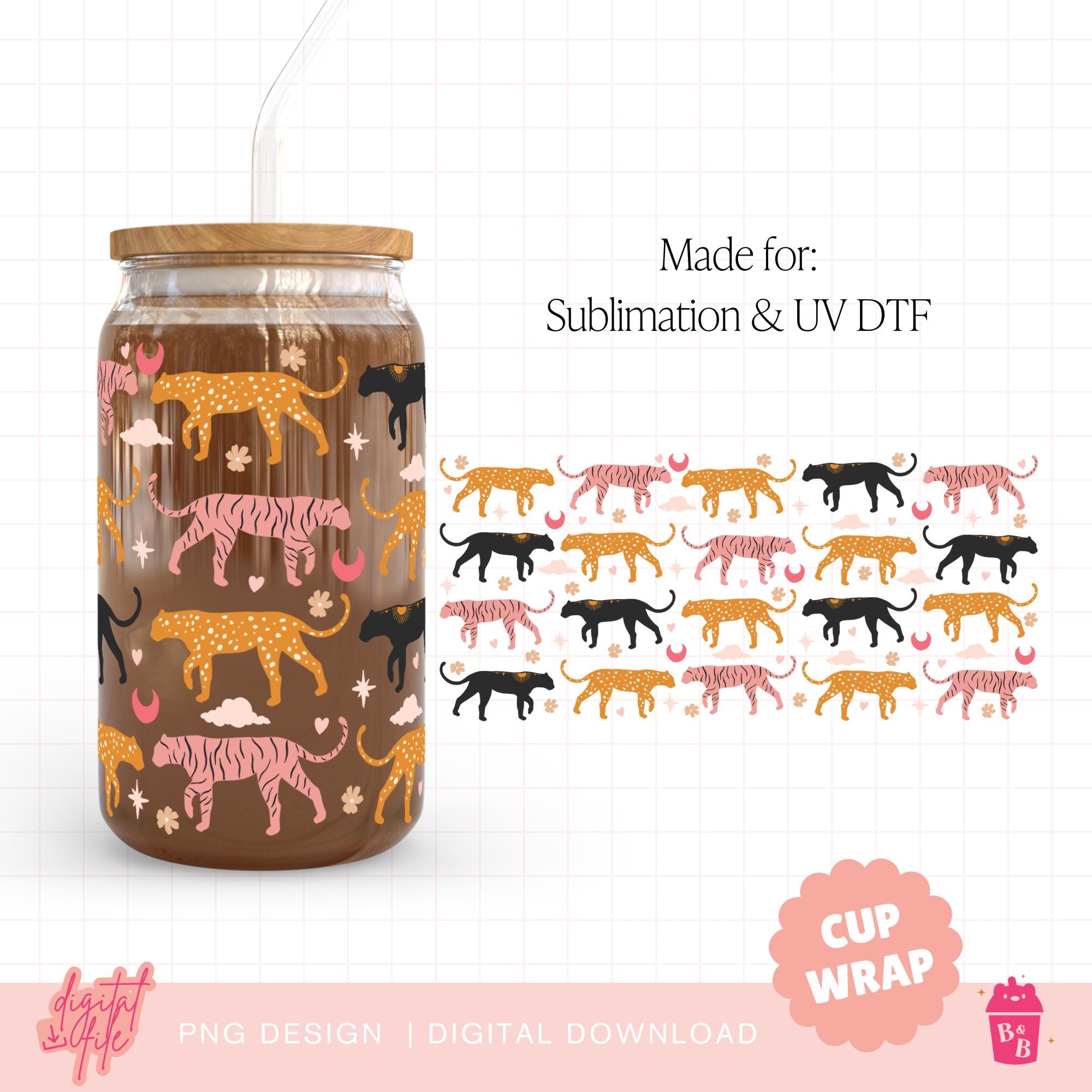 Tiger Cup Wrap PNG: Jungle Libbey Glass Can Design (Digital Download)