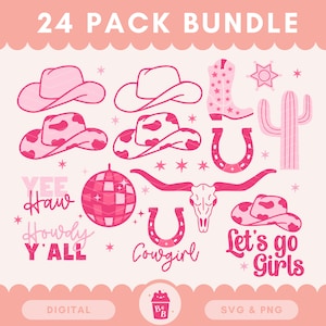 Cowgirl SVG-bundel, Cowgirl Boots Svg, Cowgirl Hat Svg, Let's Go Girls Svg, Disco Cowgirl Svg, Cow Skull Svg, Western Svg, Quotes Svg PNG