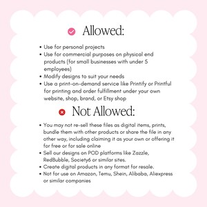 Puede incluir: Gr&aacute;fico rosa y blanco con texto negro que enumera los usos permitidos y prohibidos. El texto detalla las pautas para proyectos personales y comerciales, servicios de impresi&oacute;n bajo demanda y restricciones de reventa y uso.