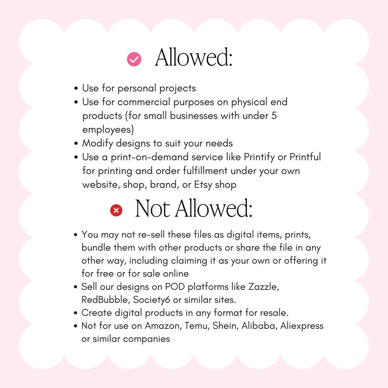 Puede incluir: Gr&aacute;fico rosa y blanco con texto negro que enumera los usos permitidos y prohibidos. El texto detalla las pautas para proyectos personales y comerciales, servicios de impresi&oacute;n bajo demanda y restricciones de reventa y uso.