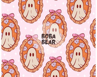 Padrão de Halloween Soft Girl, fantasmas, padrão repetido sem costura para sublimação de tecido, laços rosa