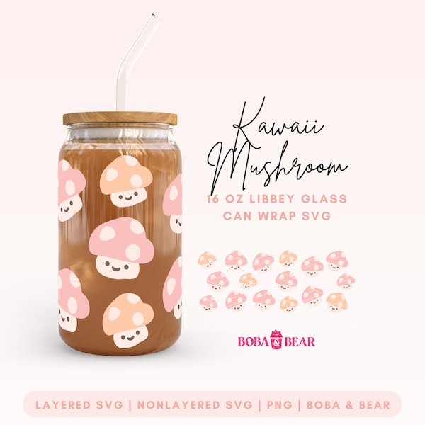 Musroom Libbey Glass Can Wrap, 16 oz Glass Can Svg, Mushroom Svg, Digital Download, Kawaii Wrap Svg, Mushroom Libbey Wrap, Cricut Cut File