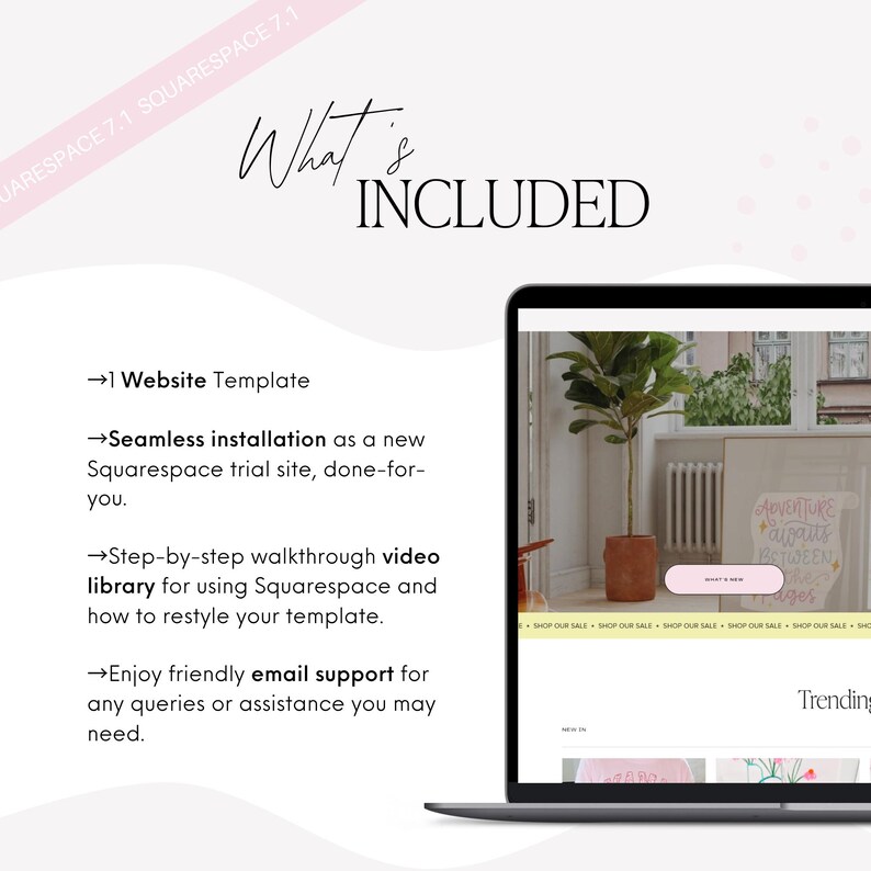 May include: A digital graphic displaying the text What's INCLUDED and SQUARESPACE 7.1 SQUARESPEACE 7.1. It lists 1 Website Template, seamless installation, a step-by-step walkthrough video library, and email support next to a laptop screen image.