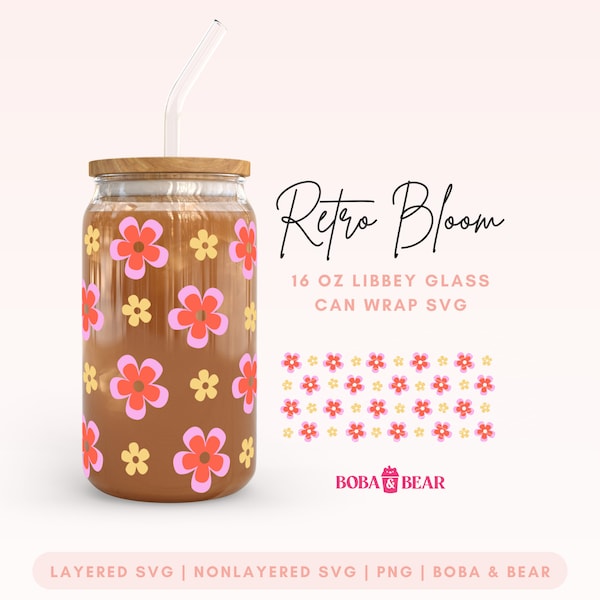 Retro Bloom Svg, Glass Can Svg, Cut File for Cricut, 16 oz Glass Can Wrap, Daisy Coffee Cup Svg, Retro Daisy Libbey Glass Svg, Retro Flowers