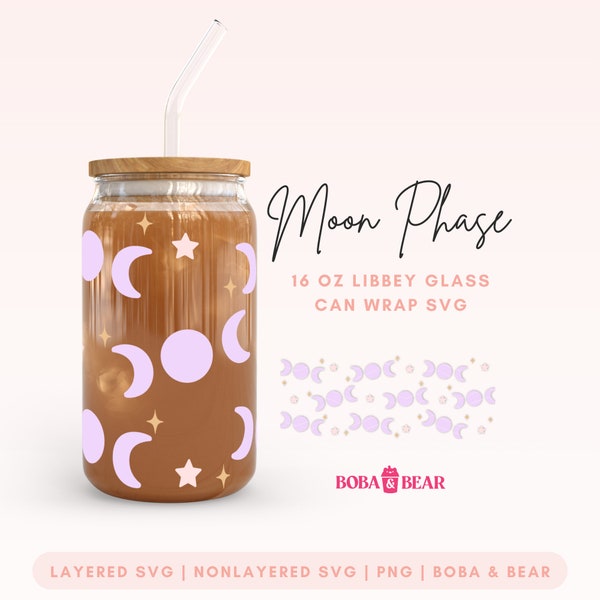 Moon Phase Libbey Glass Svg, Celestial Glass Can Wrap, Witchy, 16oz Glass Can Wrap Svg, Beer Can Glass Svg, Moon and Stars Svg, Cricut Files