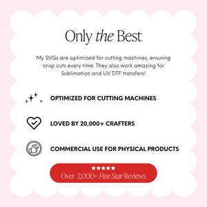 Puede incluir: Un gr&aacute;fico rosa y blanco con el texto &laquo;Only the Best&raquo;. Destaca que los SVG est&aacute;n optimizados para m&aacute;quinas de corte, son amados por m&aacute;s de 20.000 artesanos y para uso comercial. Tambi&eacute;n menciona m&aacute;s de 2.000 rese&ntilde;as de cinco estrellas.