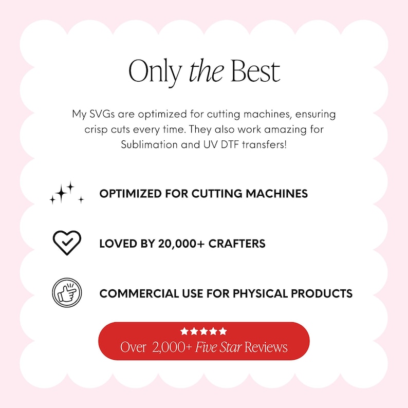 Puede incluir: Un gr&aacute;fico rosa y blanco con el texto &laquo;Only the Best&raquo;. Destaca que los SVG est&aacute;n optimizados para m&aacute;quinas de corte, son amados por m&aacute;s de 20.000 artesanos y para uso comercial. Tambi&eacute;n menciona m&aacute;s de 2.000 rese&ntilde;as de cinco estrellas.