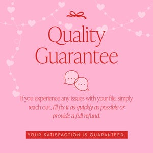 Puede incluir: Gr&aacute;fico rosa con las palabras "Quality Guarantee" en rojo, prometiendo un reembolso completo si hay alg&uacute;n problema. El texto "Your Satisfaction Is Guaranteed" est&aacute; en la parte inferior.