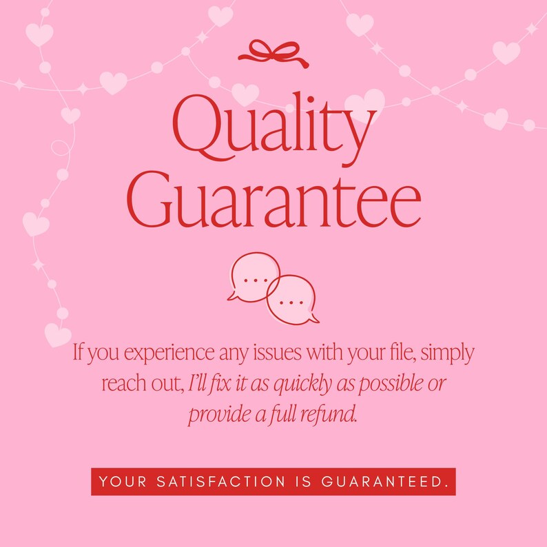 Puede incluir: Gr&aacute;fico rosa con las palabras "Quality Guarantee" en rojo, prometiendo un reembolso completo si hay alg&uacute;n problema. El texto "Your Satisfaction Is Guaranteed" est&aacute; en la parte inferior.