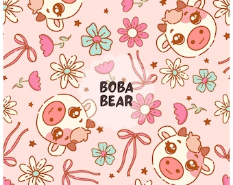 Coquette Cow Seamless Pattern: Spring Floral Digital Paper (Commercial Use PNG Download 12"x12")
