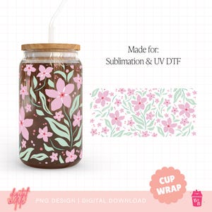 Frühlingsblumen-Cup-Wrap Png-Rosa, Frühlingsästhetische Libbey-Glasdosen-Wrap Png, 16-Unzen-Becherverpackung, Girly Cup-Verpackung, trendige UV-DTF-Png-Designs