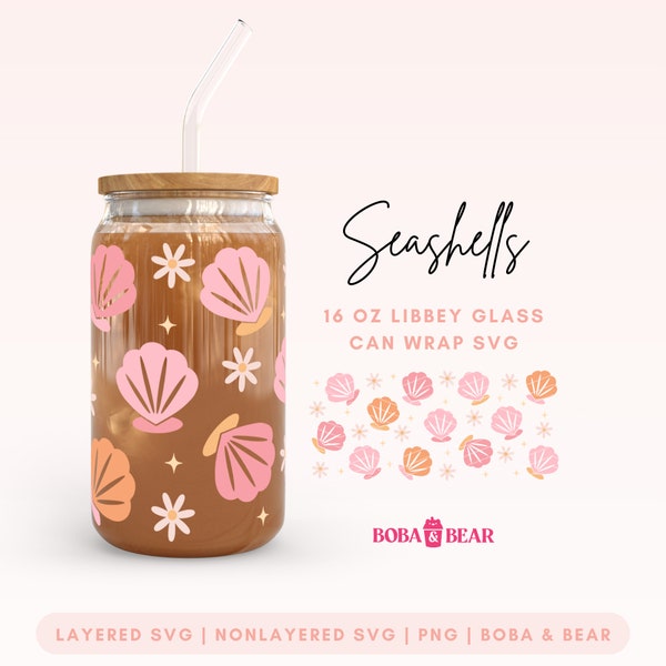 Seashell Wrap Svg, 16oz Libbey Glass Svg, Ocean Glass Can Svg, Mermaid Glass Cup Svg, Libbey Glass 16oz Cut File, Trendy Can Glass Svg