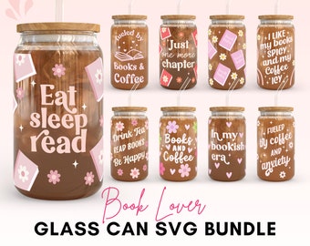 Book Lover Glass Can SVG Bundle: 16oz Libbey Designs (Digital Download)