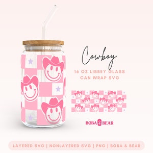 Cowboy Smiley Libbey Glasdose SVG, Cowboy Smiley Libbey Glasdose, 16 oz Glasdose Wrap, Smiley Gesicht Kaffeetasse, Western Libbey Wrap