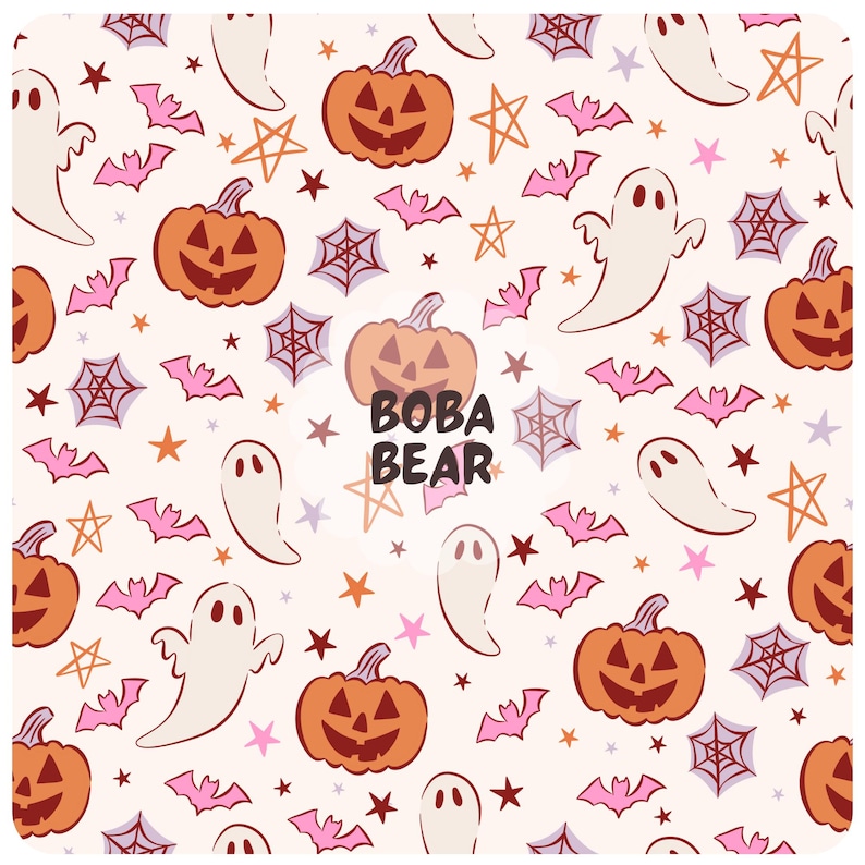 May include: A repeating pattern featuring Halloween-themed illustrations. The design includes orange jack-o'-lanterns, white ghosts, pink bats, spiderwebs, and stars on a cream background. The text "BOBA BEAR" is also present.