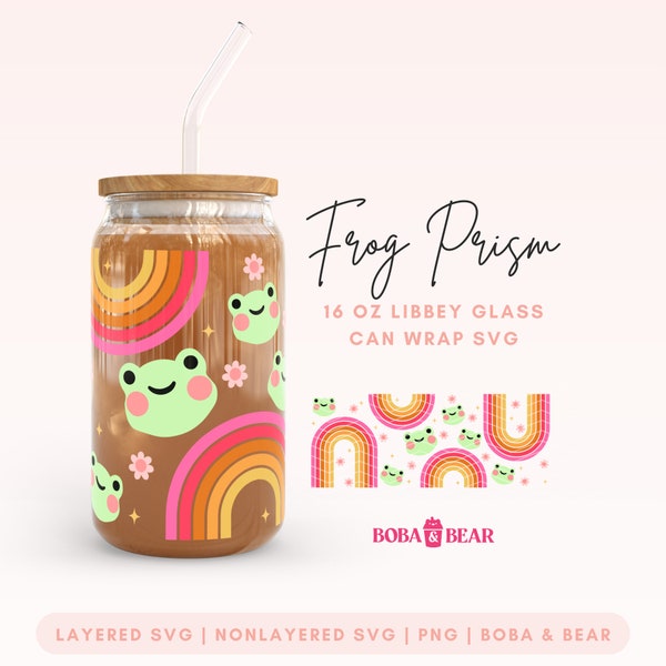 Frog Libbey Glass Can Wrap, 16 oz Glass Can Svg, Rainbow Svg Wrap, Retro Libbey Full Wrap Svg, Groovy Can Glass Svg, Rainbow Glass Wrap