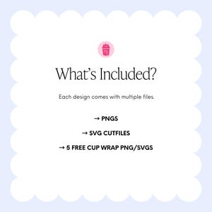 K&ouml;nnte beinhalten: Wei&szlig;er Hintergrund mit gewelltem Rand und Text "What's Included?" in Schwarz. Es listet "PNGS", "SVG CUTFILES" und "5 FREE CUP WRAP PNG/SVGS" auf. Oben befindet sich eine rosa Grafik einer Tasse.