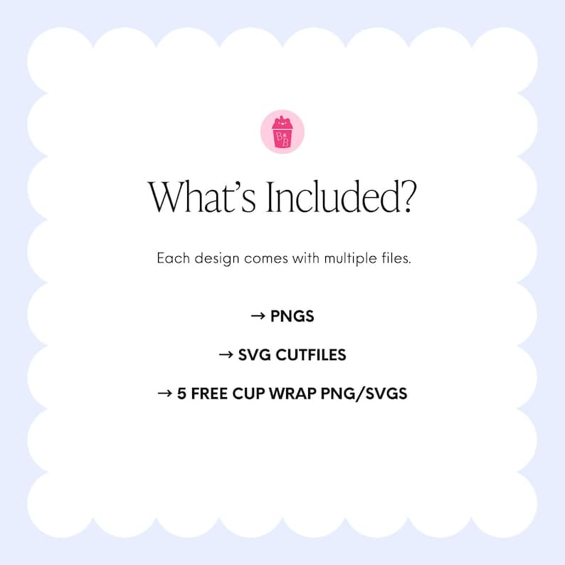 K&ouml;nnte beinhalten: Wei&szlig;er Hintergrund mit gewelltem Rand und Text "What's Included?" in Schwarz. Es listet "PNGS", "SVG CUTFILES" und "5 FREE CUP WRAP PNG/SVGS" auf. Oben befindet sich eine rosa Grafik einer Tasse.