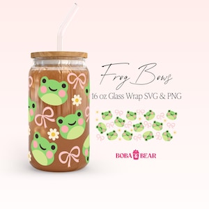 Bows can cup wrap SVG met kawaii kikkers, girly libbey glasblik wrap, strikken glasblik snijbestand, 2024 trendy schattig beker wrap ontwerp