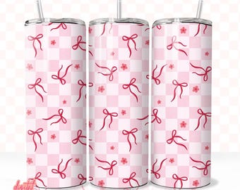 Bows 20oz Tumbler Sublimation PNG, Coquette Tumbler Design, Checkered Bows 20oz Tumbler PNG Wrap