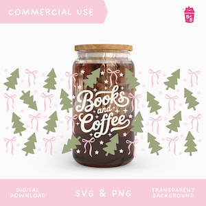 May include: A glass jar with a wooden lid, filled with a dark liquid. The jar is decorated with green Christmas trees, pink bows, and the words "Books and Coffee" in white script. The background features repeating patterns of green trees and pink bows.