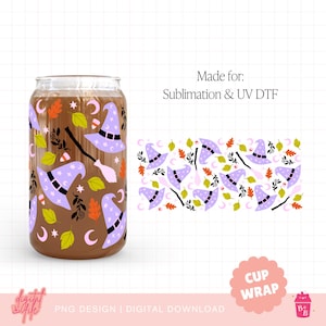 May include: A clear glass can-shaped cup with a Halloween-themed design. The design includes purple witch hats, moons, stars, leaves, and a broom. The text "Made for: Sublimation & UV DTF" is also visible.